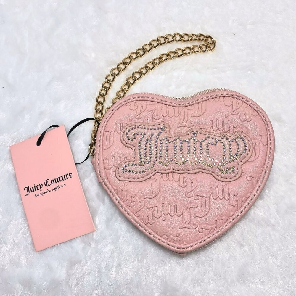 Juicy Couture Pink Diamonds & Pearls Heart Shape Logo Gold Chain Wristlet Bag - Picture 6 of 7